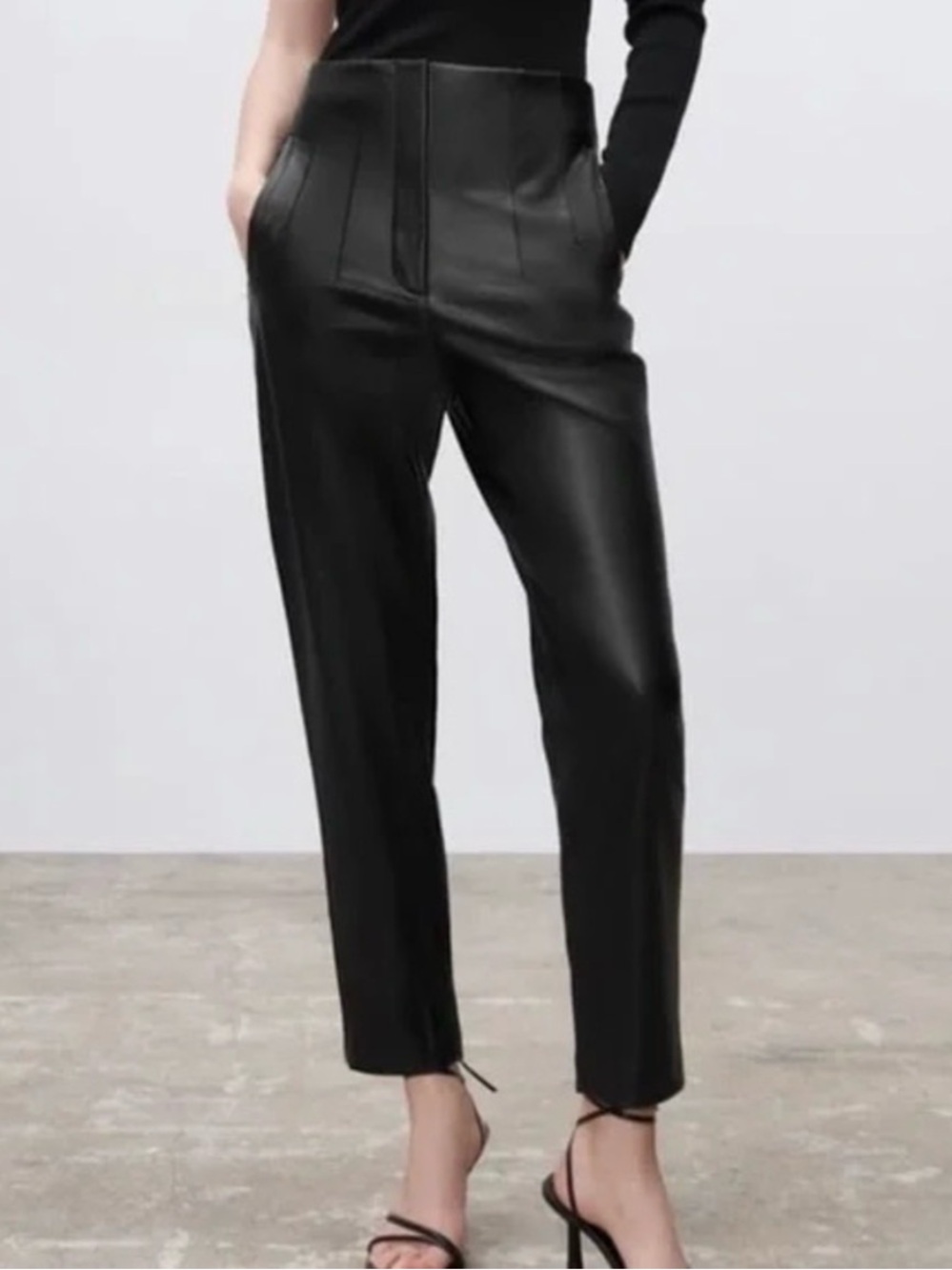 Zara black  Faux Leather Ankle Pants - Women's Cropped Trousers